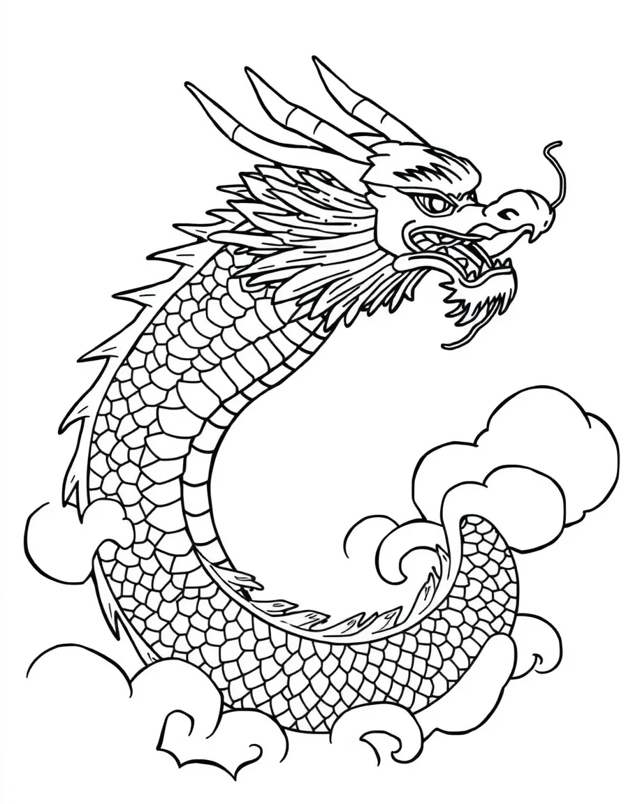 A sleek Chinese dragon with a pearl, winding through clouds