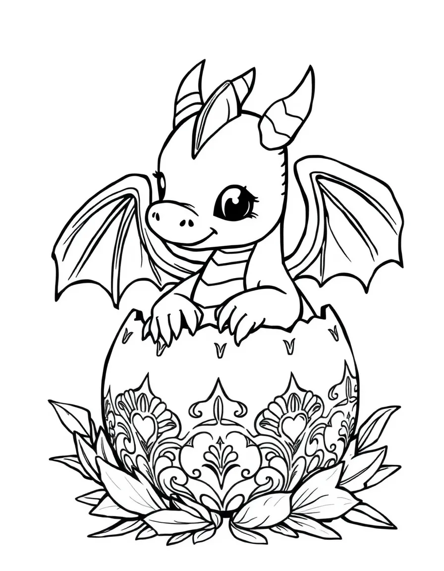 An adorable baby dragon hatching from an ornate egg