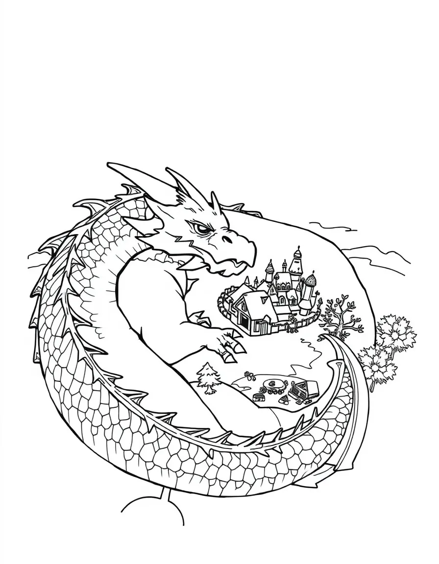 A sleeping dragon curled around a village protectively
