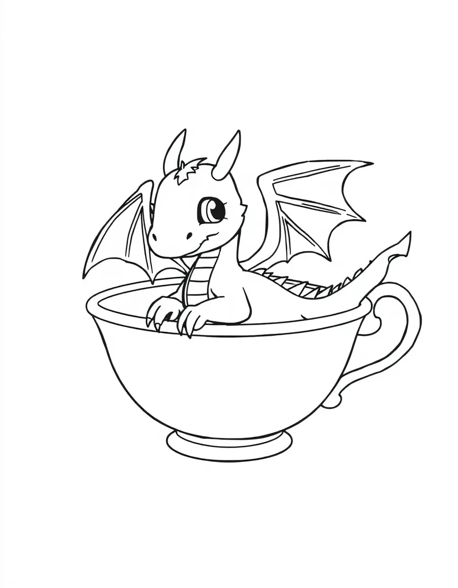 A tiny dragon using a teacup as a bathtub