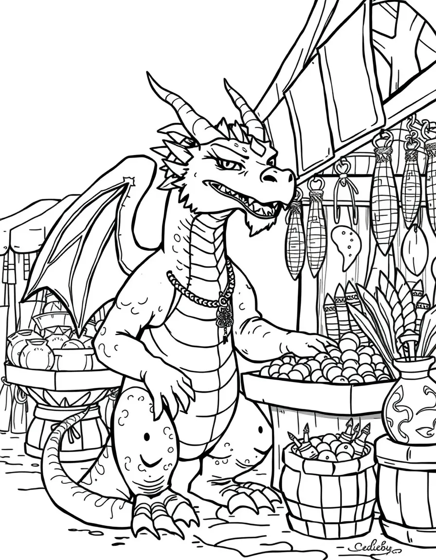 A merchant dragon selling wares at a medieval market