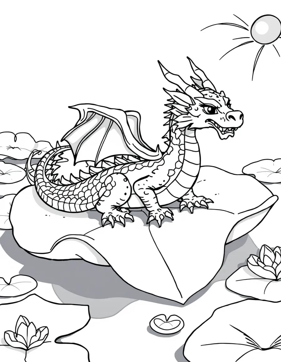 A dragon floating on a giant lily pad in a pond