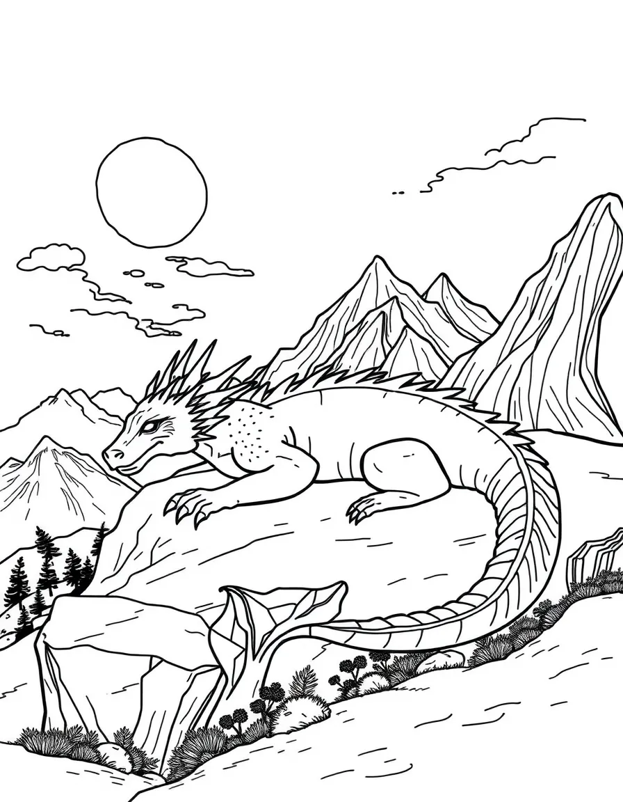 A mountain-sized dragon sleeping as part of the landscape