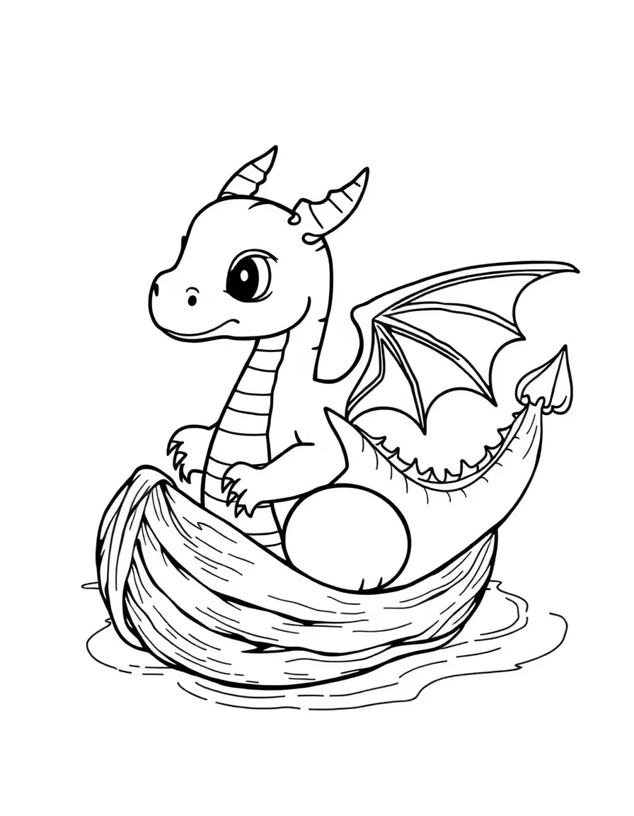 A tiny dragon using a walnut shell as a boat