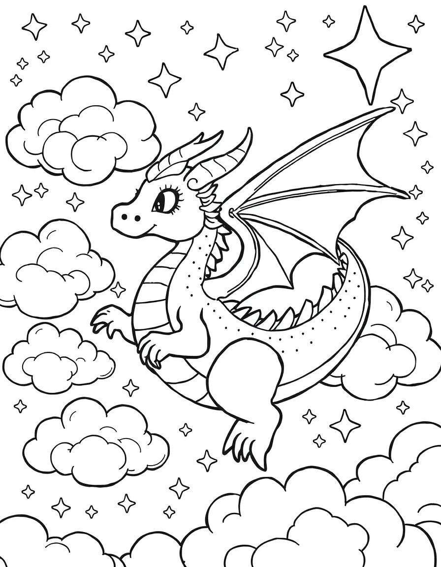 A dream dragon floating among clouds and stars