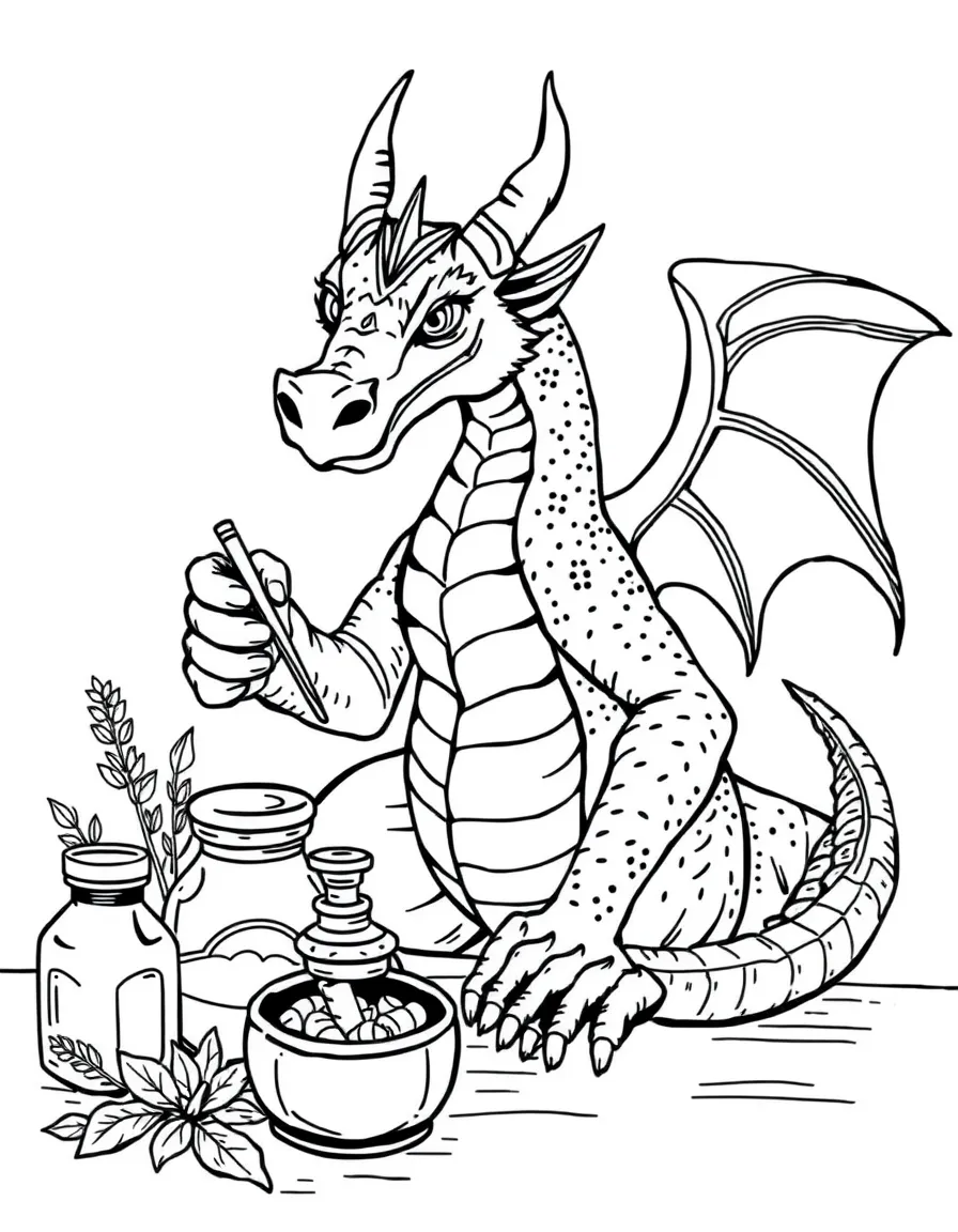 A dragon apothecary mixing herbal remedies
