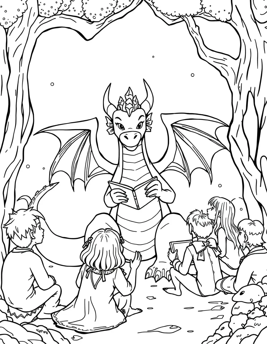 A dragon storyteller surrounded by attentive listeners