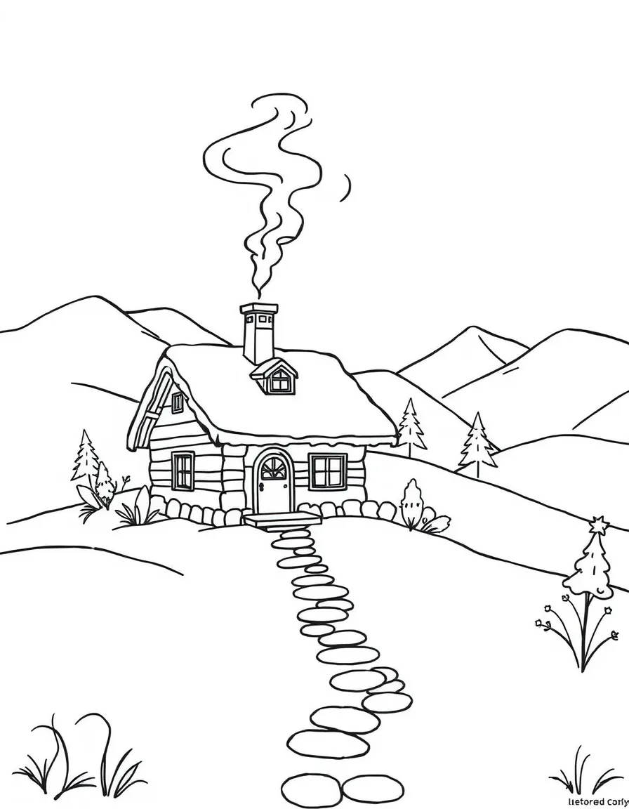 A cozy cottage nestled in snow-covered hills with smoke rising from the chimney