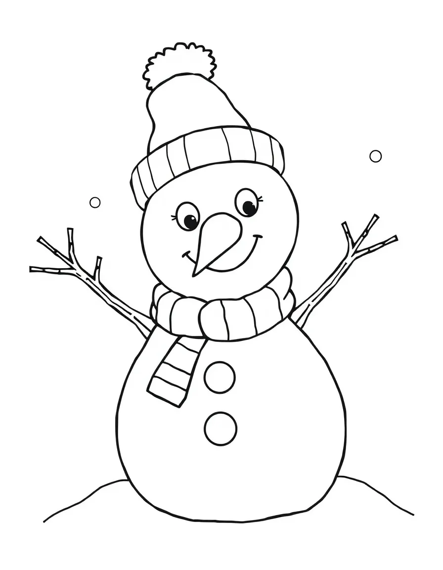 Children building a detailed snowman with a carrot nose, coal eyes, and stick arms