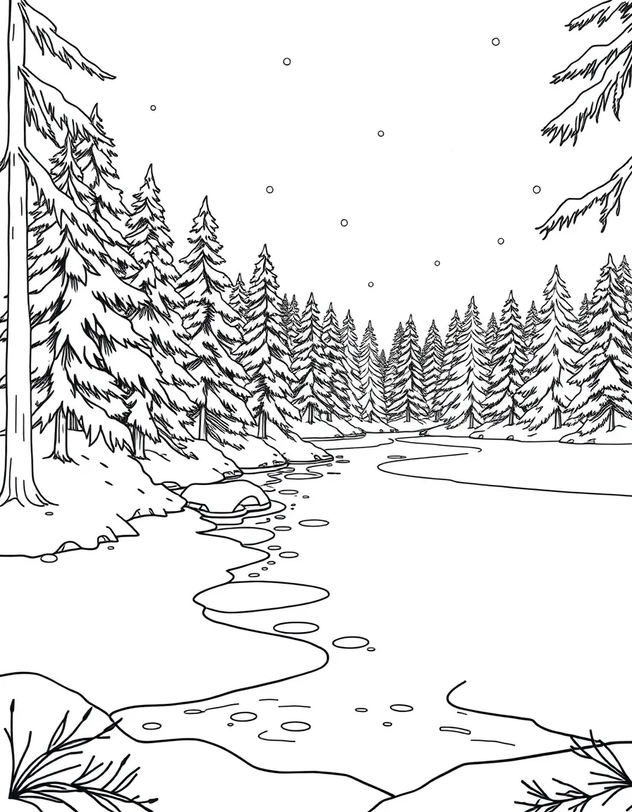 A frozen lake surrounded by pine trees dusted with snow