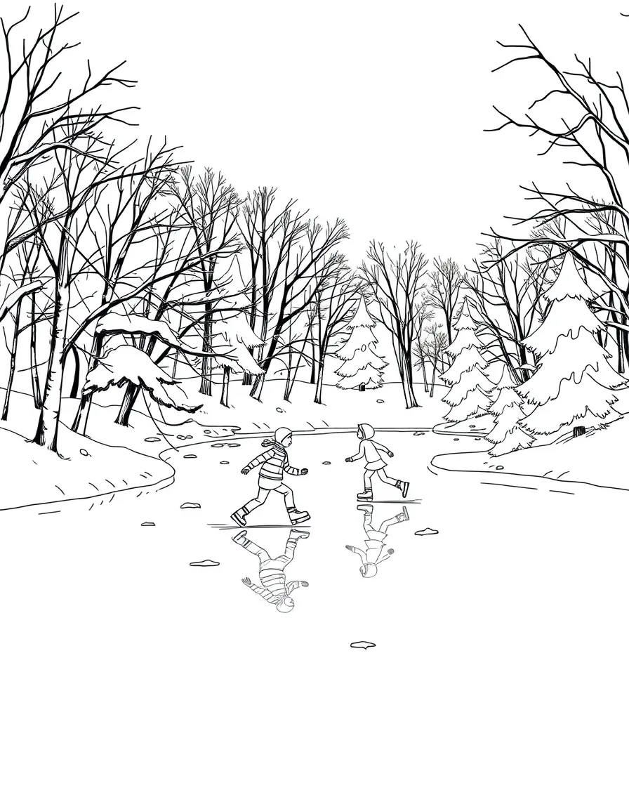 Ice skaters gliding across a pond surrounded by snow-laden trees