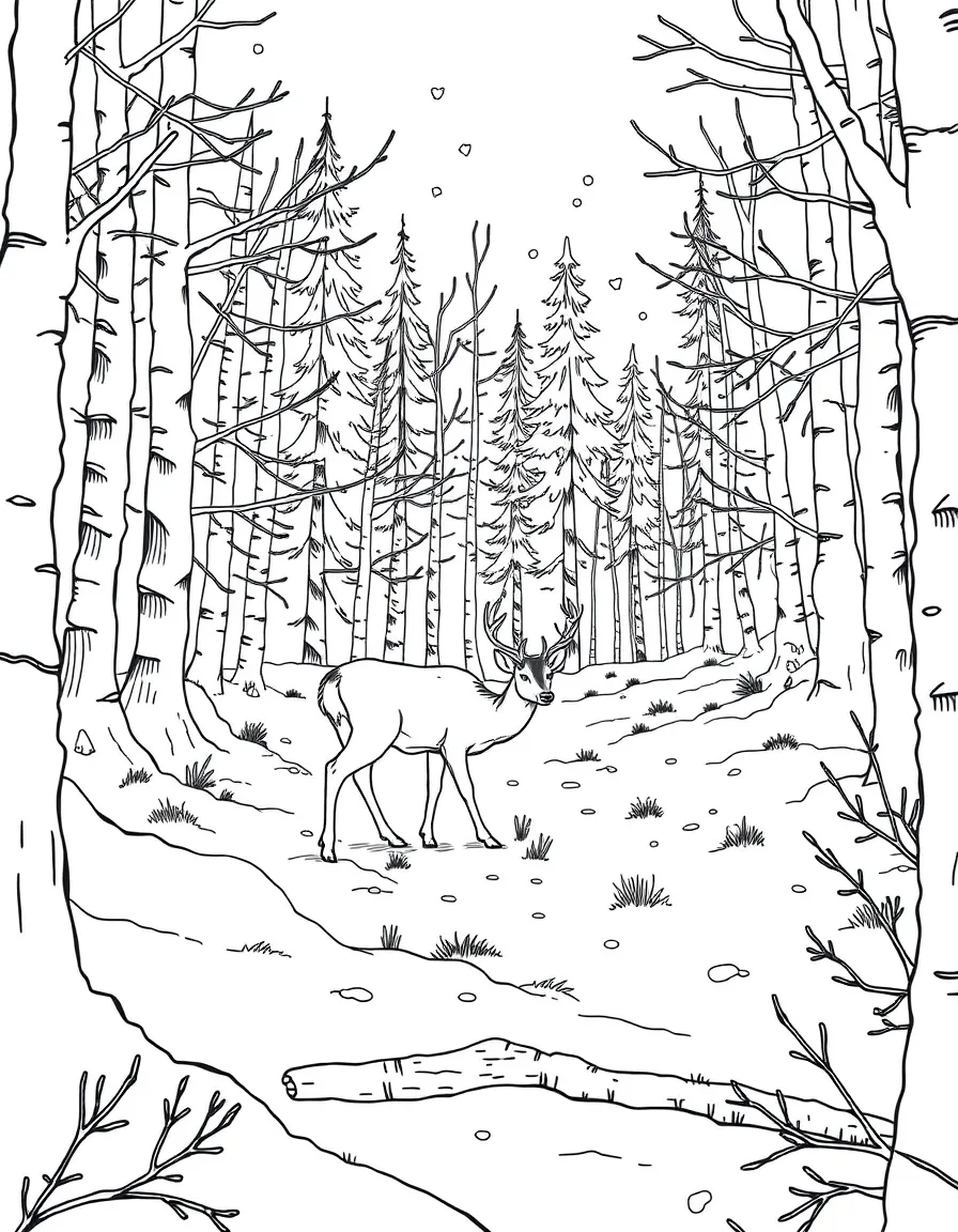 A winter forest scene with deer foraging through the snow