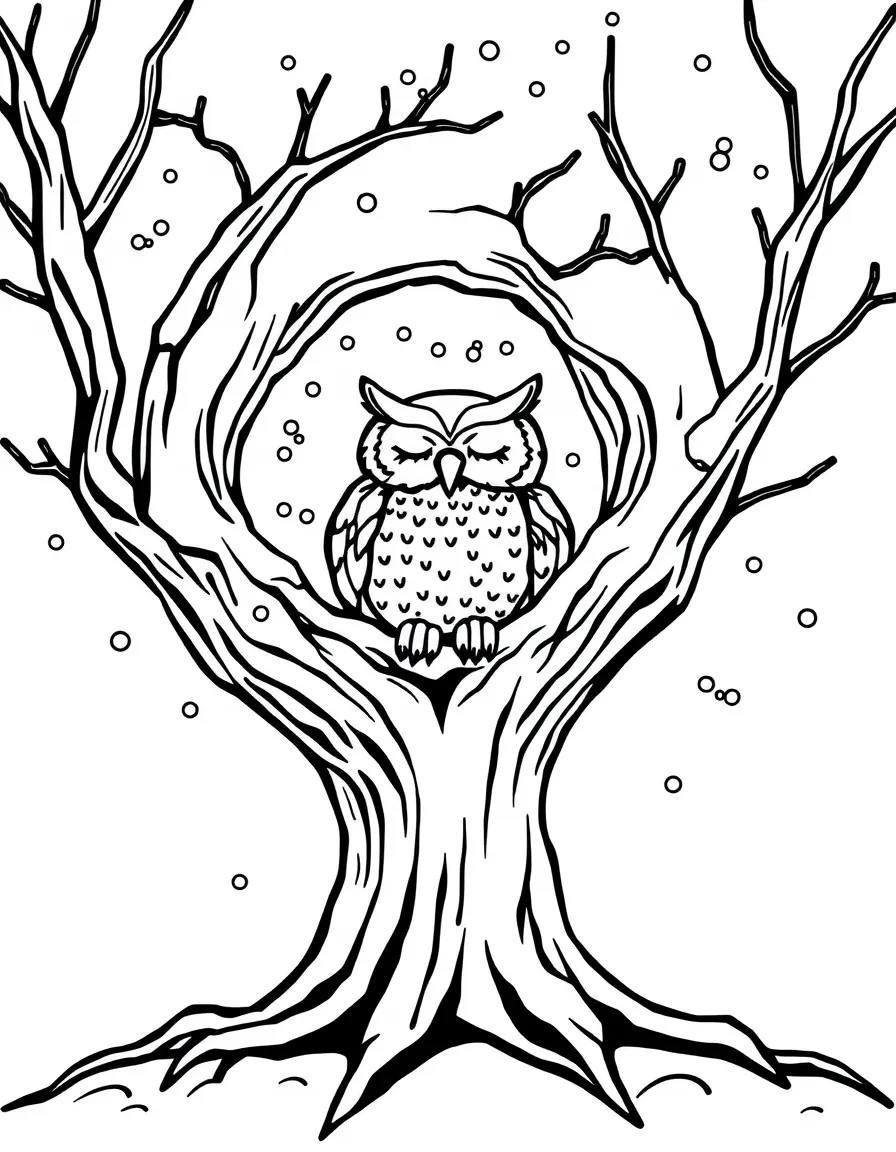 An owl sleeping in a hollow tree surrounded by falling snowflakes
