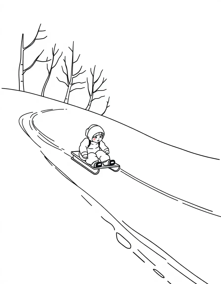 A child sledding down a hill leaving tracks in the snow