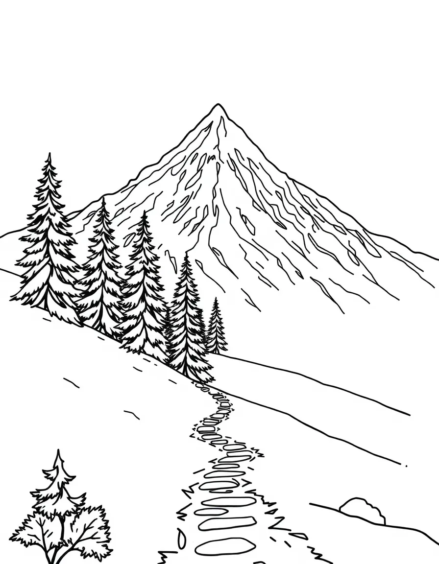 A snowy mountain landscape with evergreen trees and a winding path