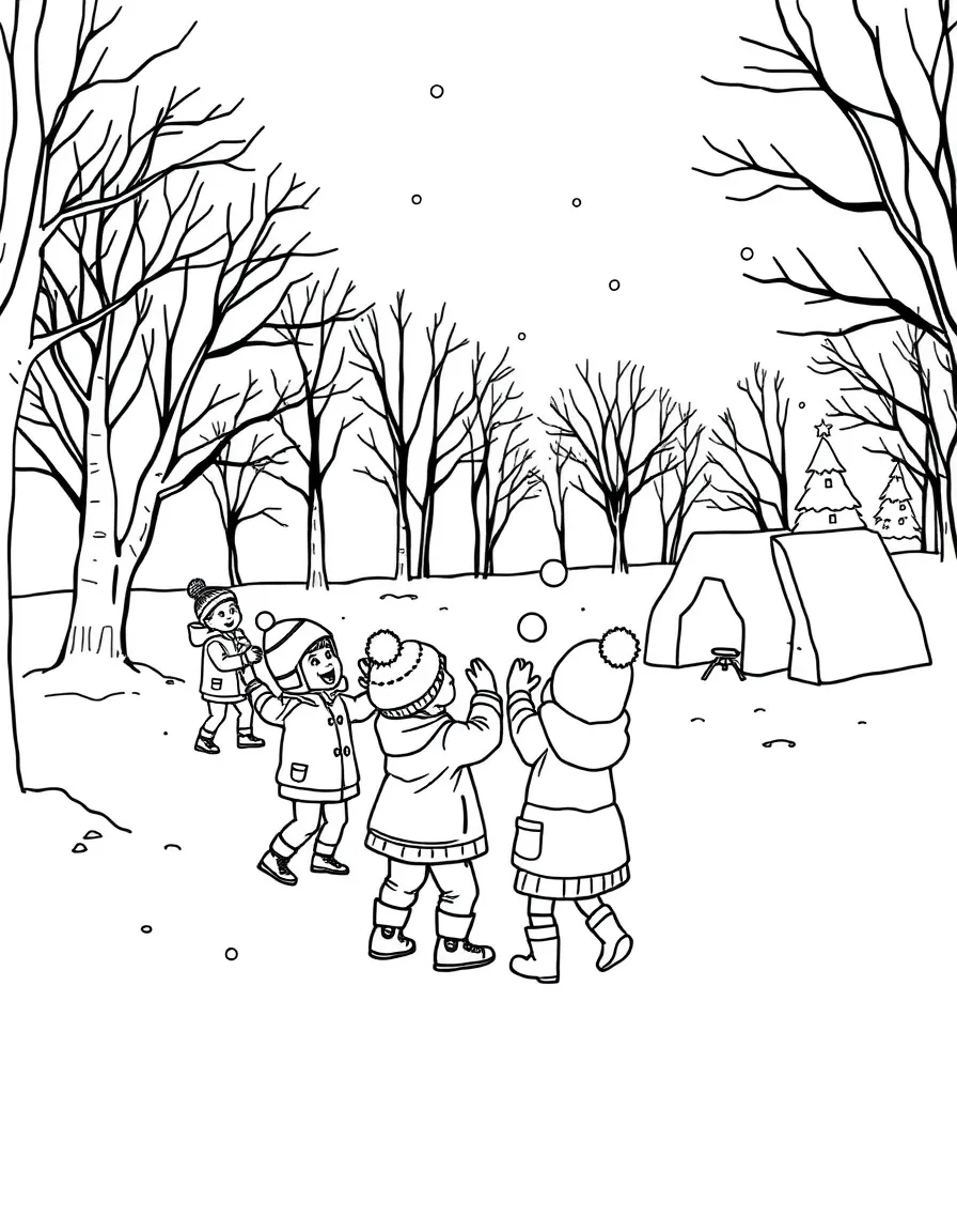 Children having a snowball fight in a park with snow forts