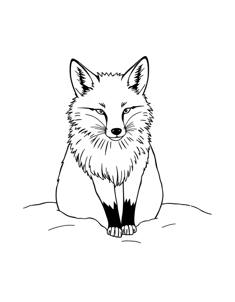 A winter fox with a bushy tail curled up in the snow