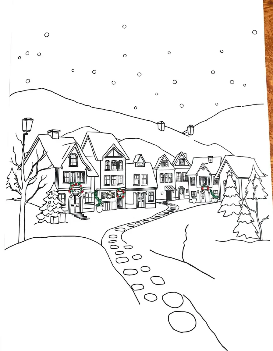 A snow-covered village with buildings decorated for the holidays