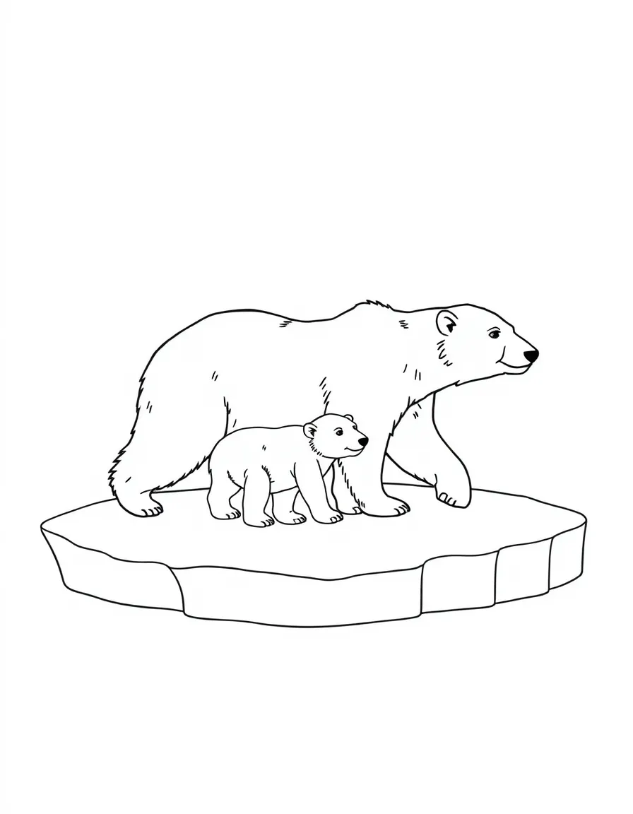 A polar bear family walking across an ice floe