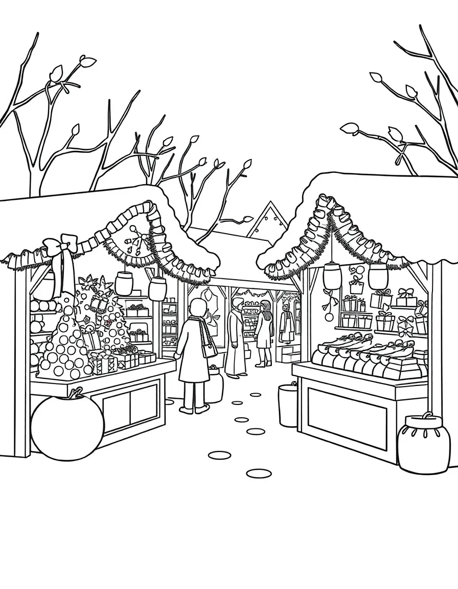 A winter market with decorated stalls selling holiday treats and gifts