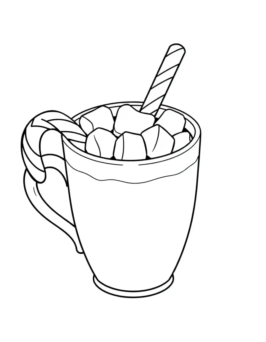 Hot chocolate mug with marshmallows and a candy cane stirrer
