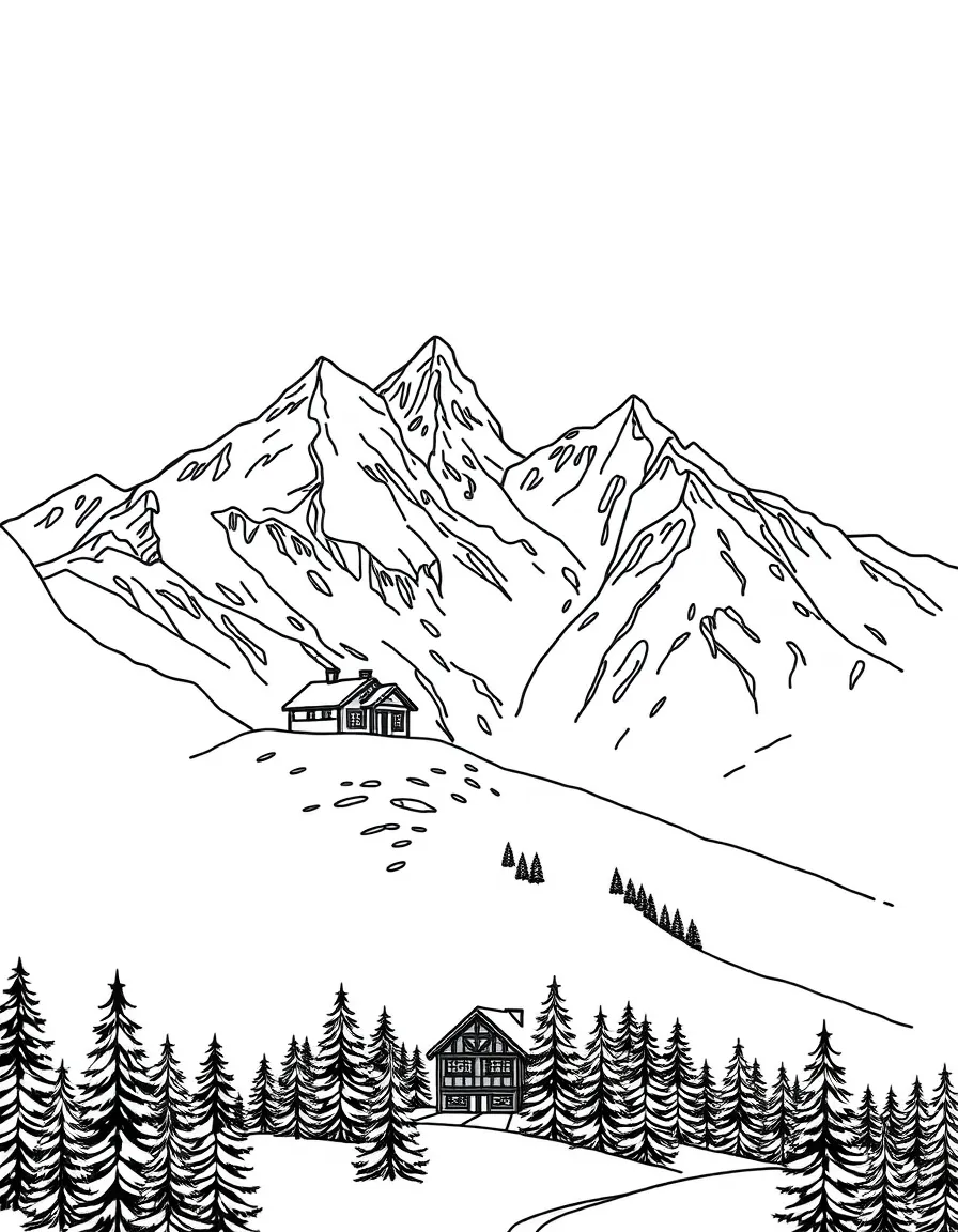 Snow-covered mountain peaks with a ski lodge in the valley