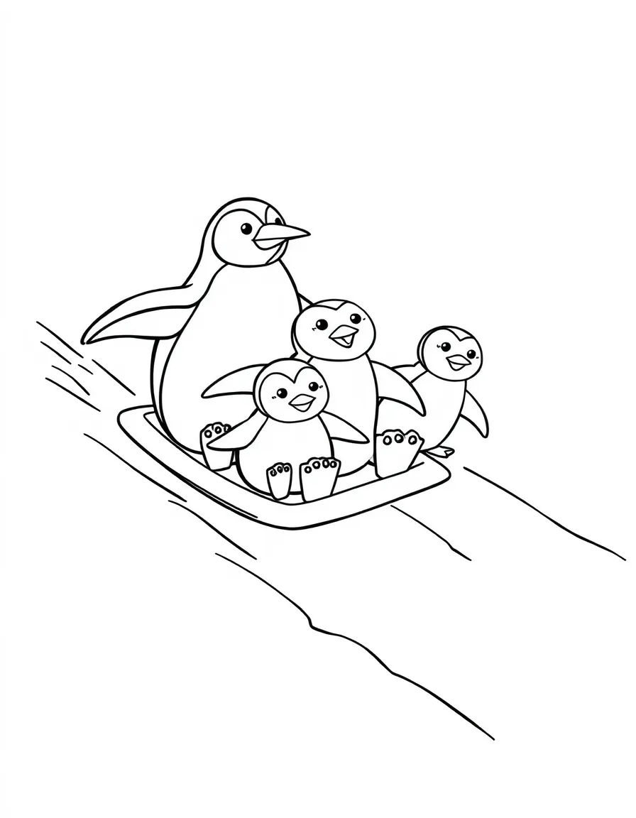A penguin family sliding on an icy slope