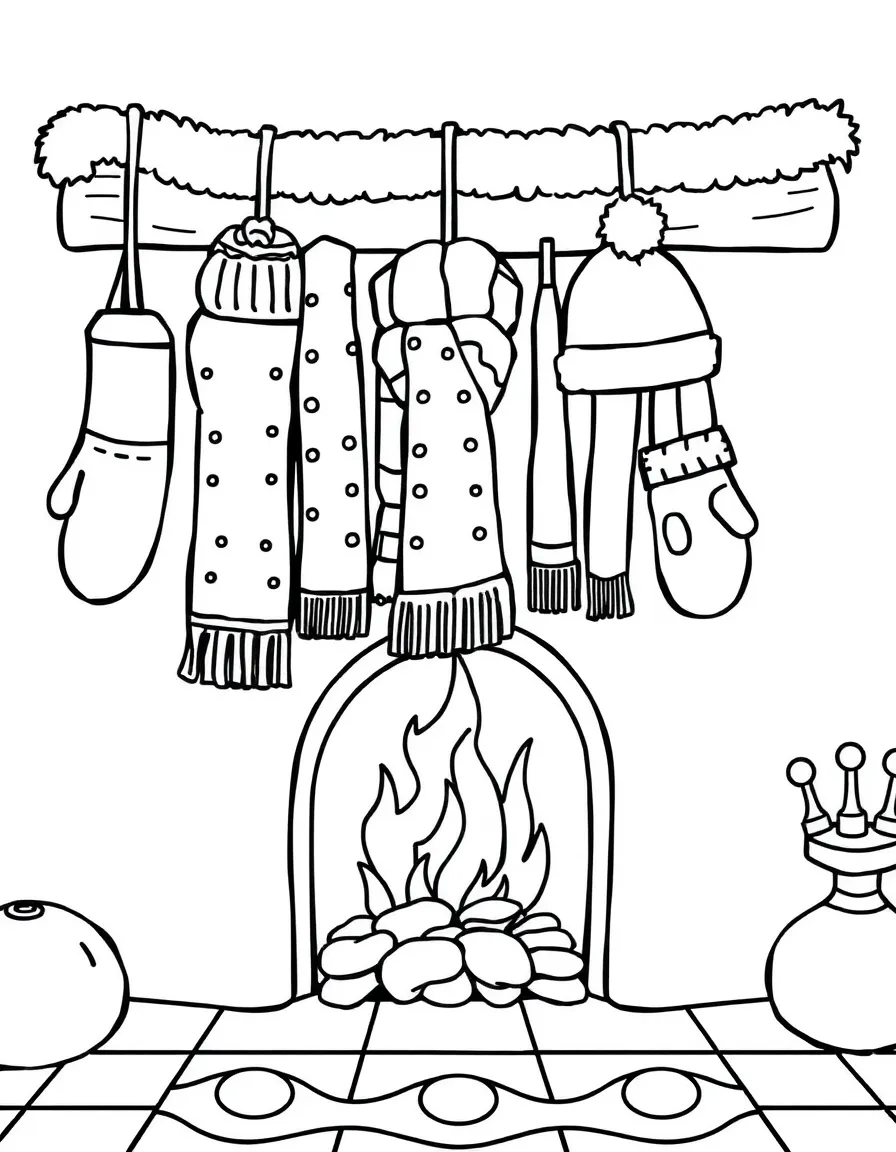 Mittens, scarves, and winter hats hanging to dry by a fireplace