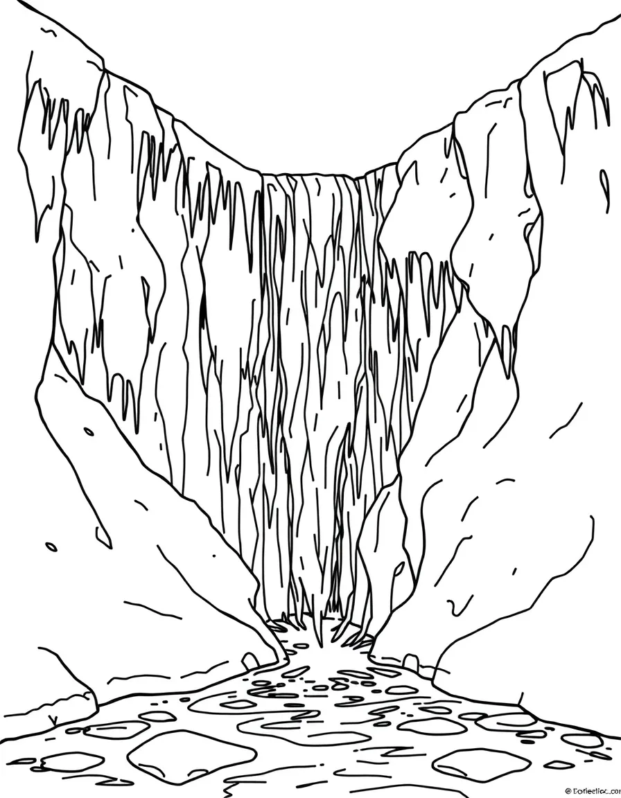 A frozen waterfall with intricate ice formations