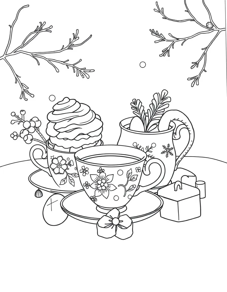 A winter tea party with detailed teacups and winter treats