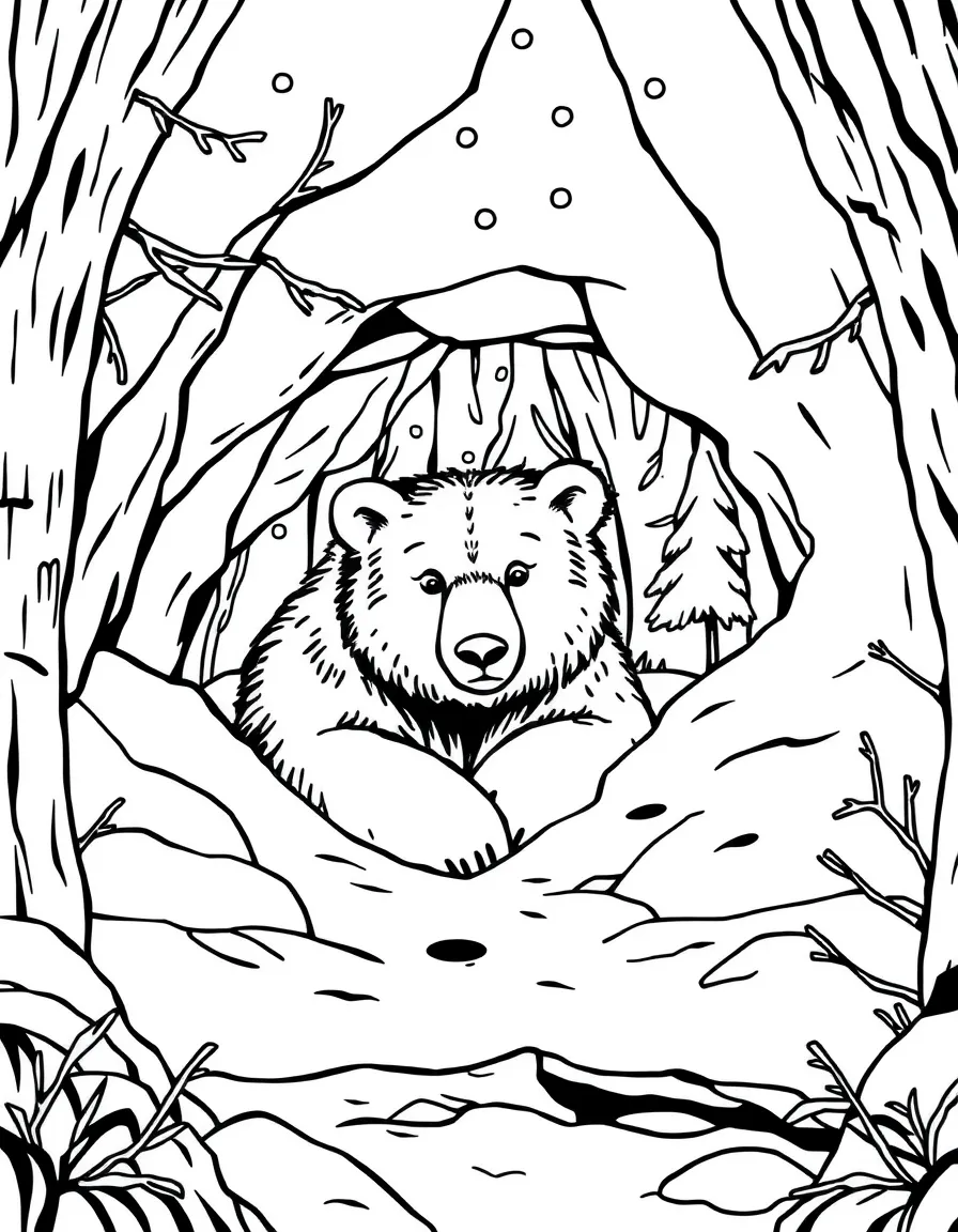 A hibernating bear in a cave surrounded by winter forest