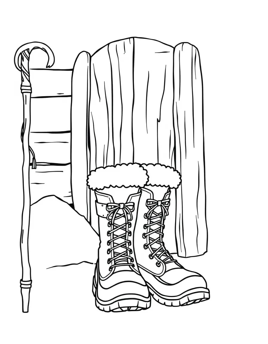 Detailed winter boots and a walking stick by a cabin door