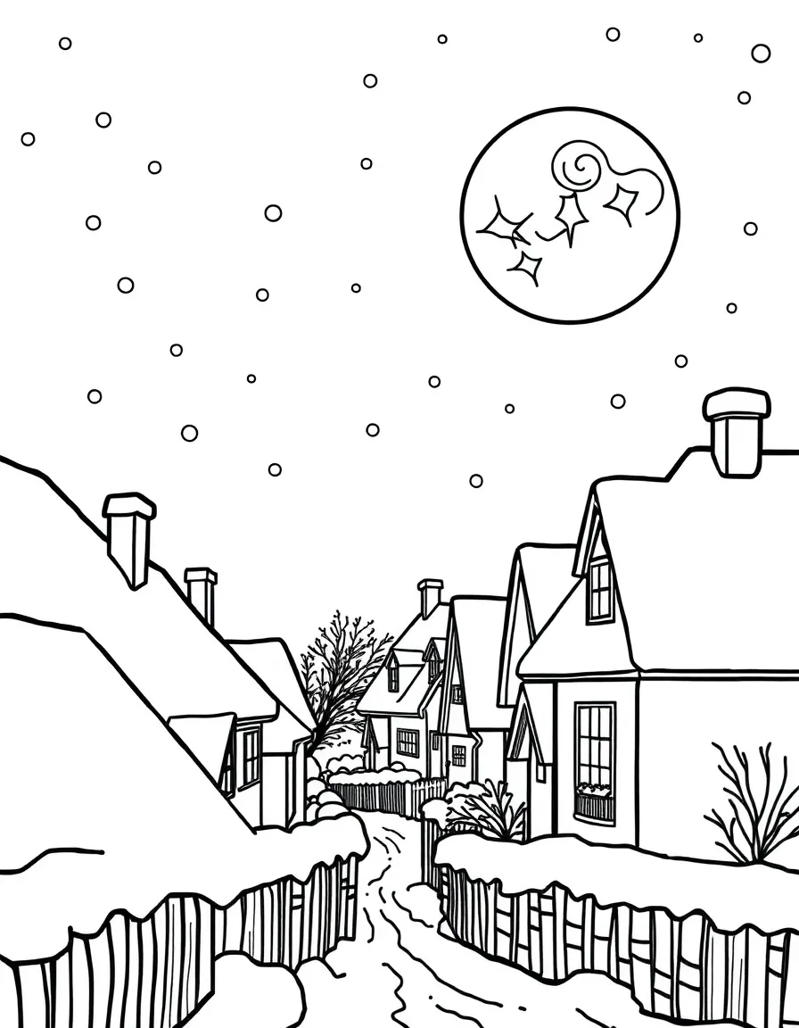 A night scene with moonlight reflecting off snow-covered rooftops