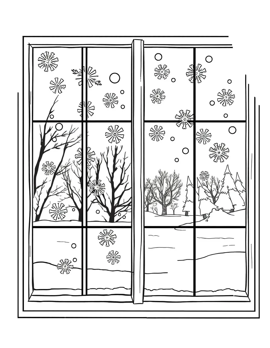 Frost patterns on a window pane with a winter scene beyond