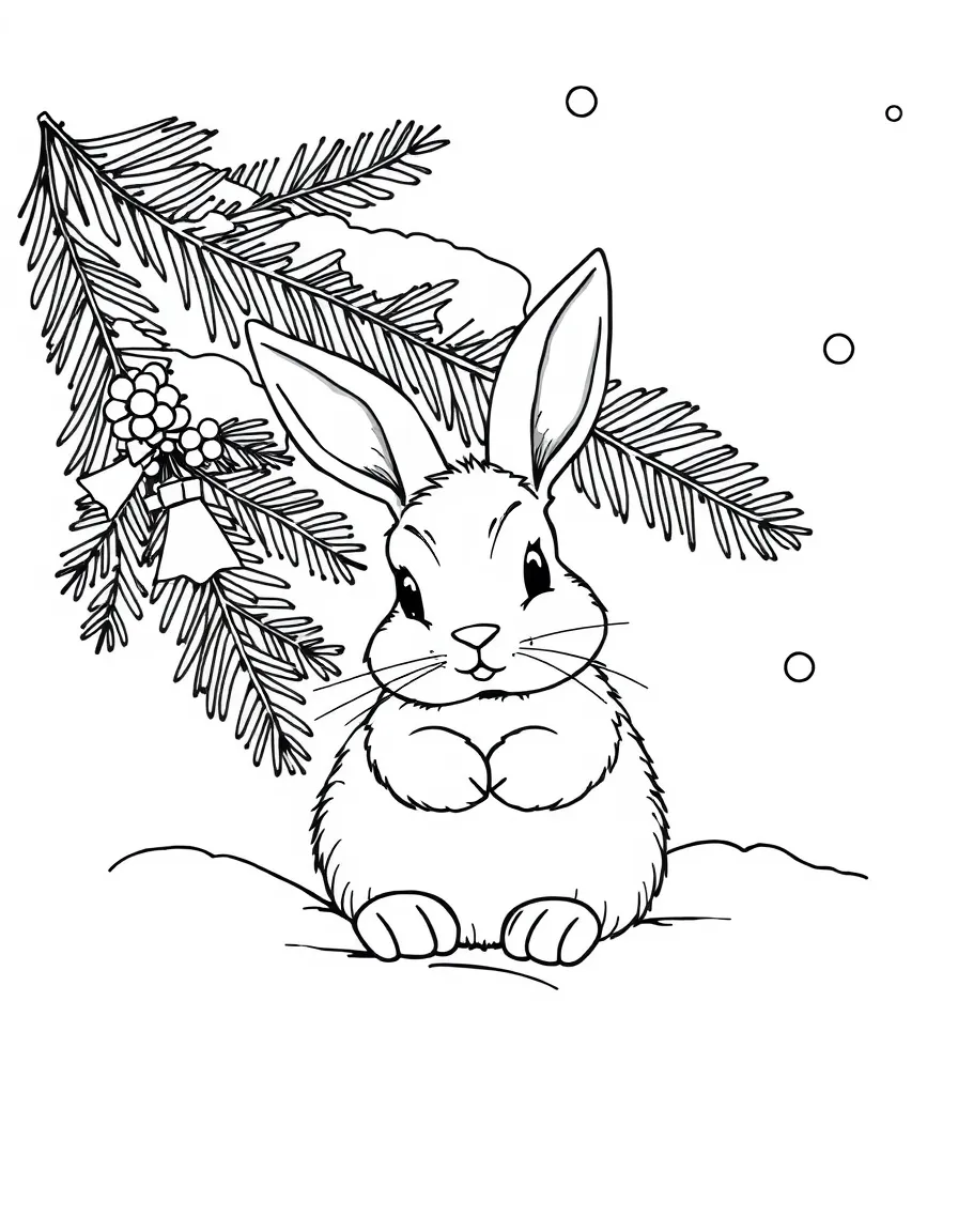 A snow bunny hiding under an evergreen branch