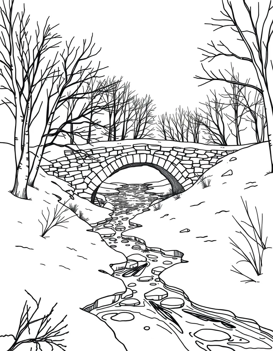 A winter landscape with a frozen creek and stone bridge