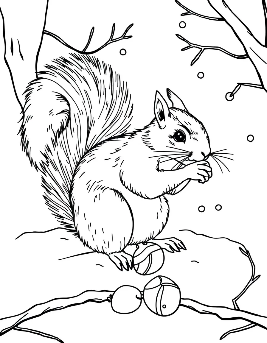 A squirrel gathering the last acorns before a snowstorm