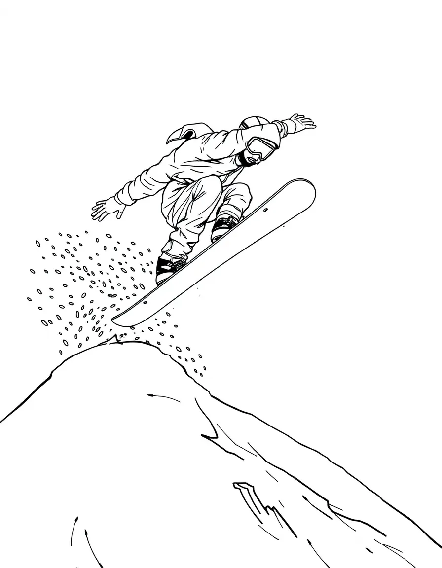 A detailed snowboarder mid-jump over a snowy hill