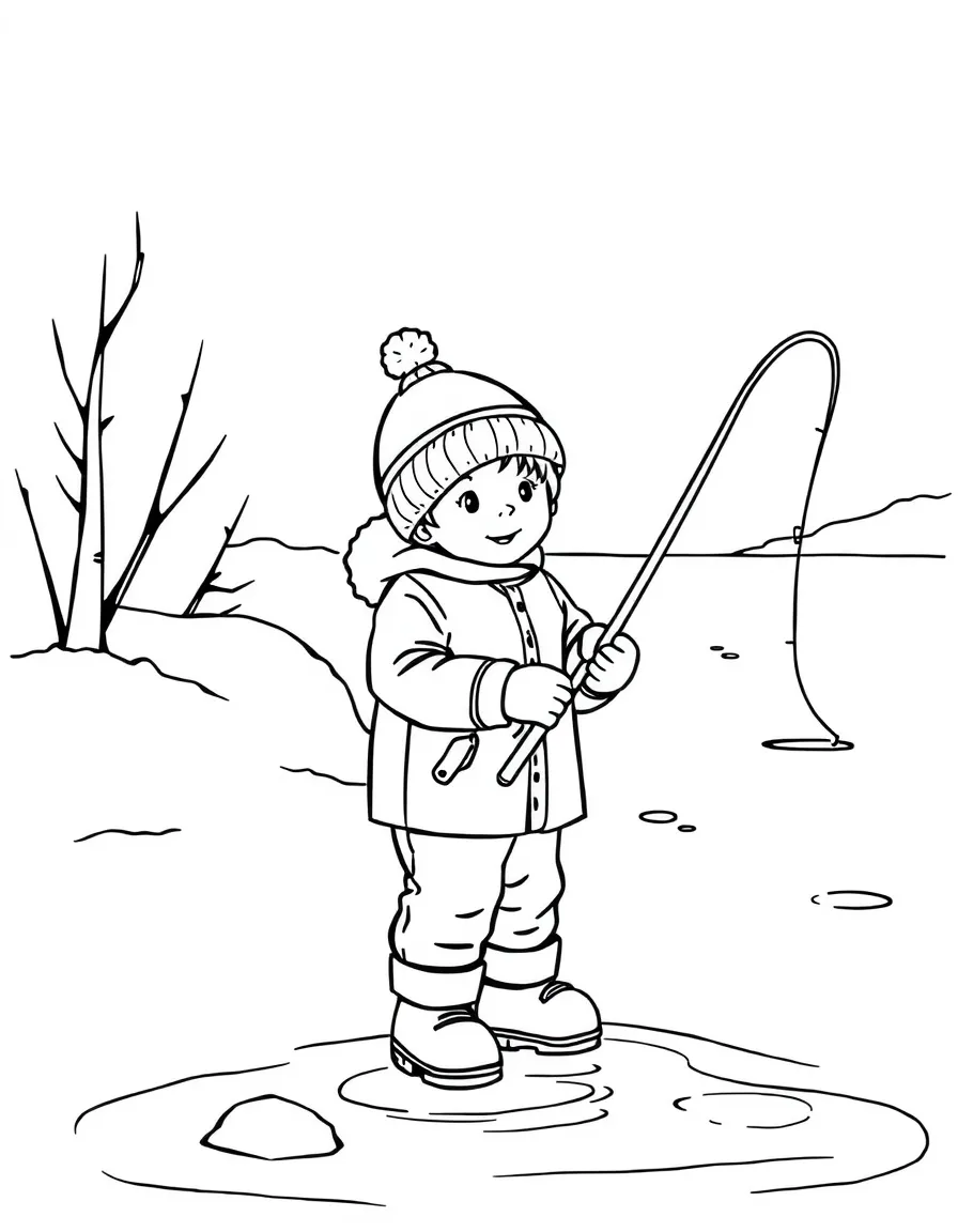 Children ice fishing on a frozen lake with fishing equipment