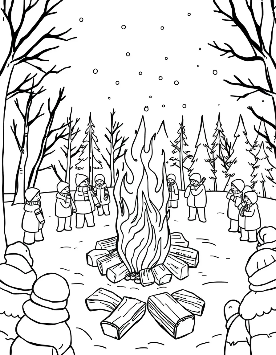 A winter bonfire surrounded by people in warm clothing