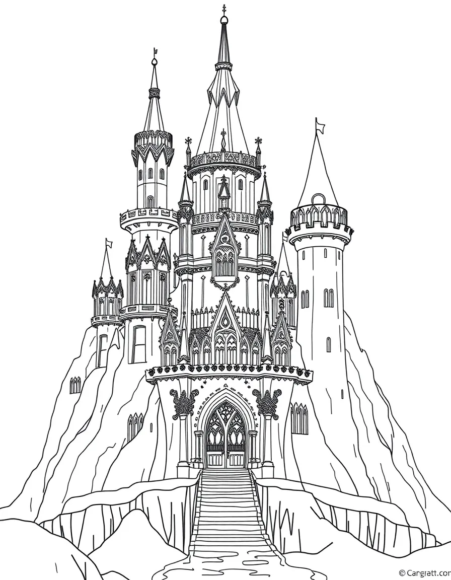 An ornate ice castle with towers and detailed architecture