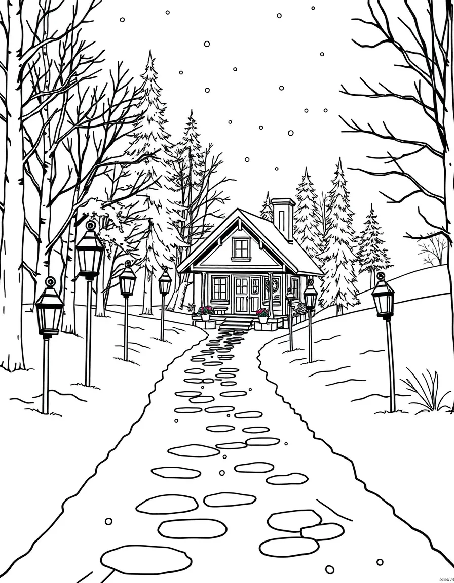 A snowy path lined with lanterns leading to a cabin