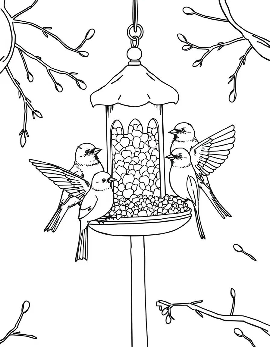 Winter birds gathering around a detailed bird feeder