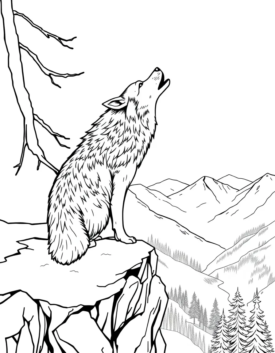 A wolf howling on a cliff overlooking a winter valley