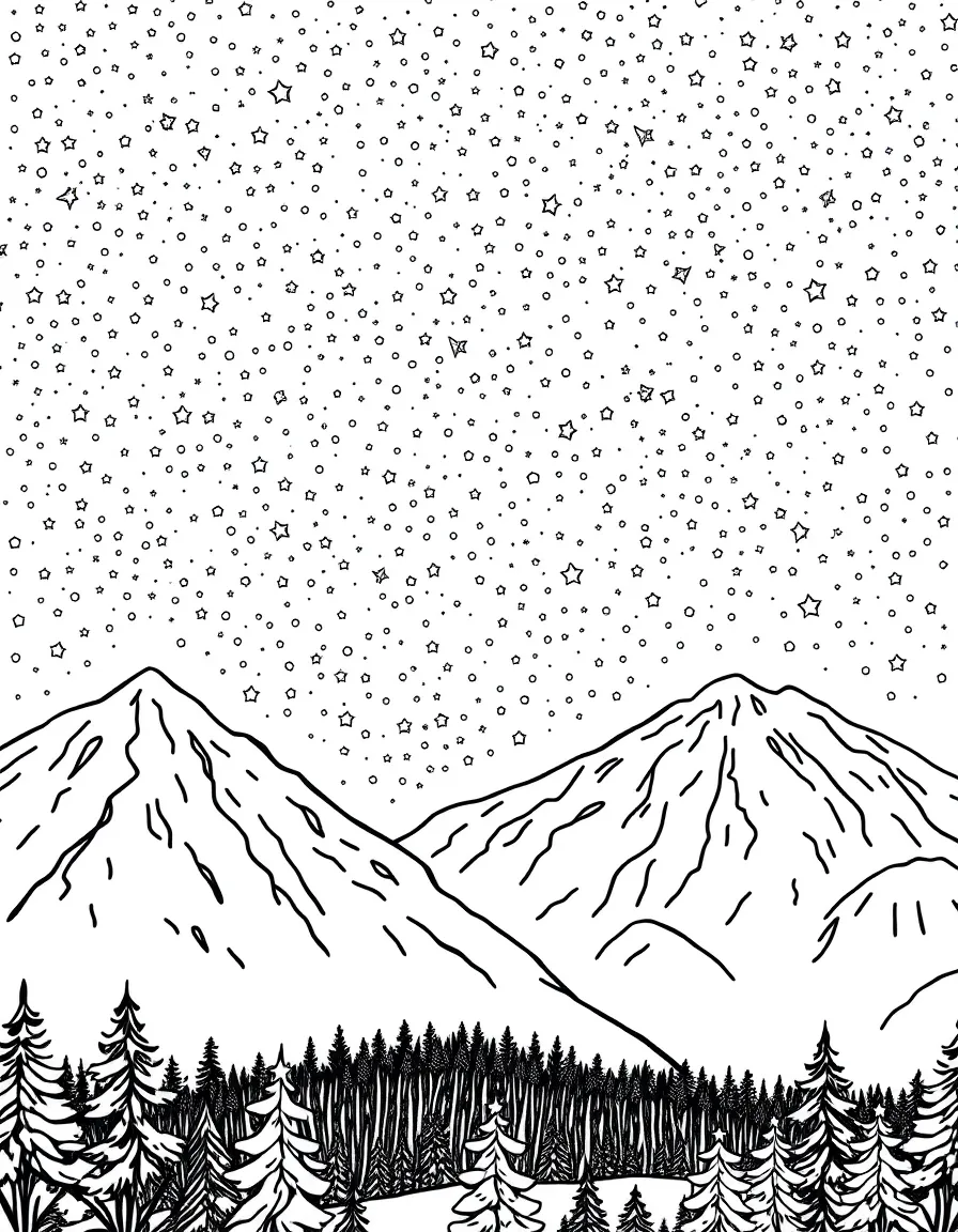 A starry winter night sky above snow-covered mountains