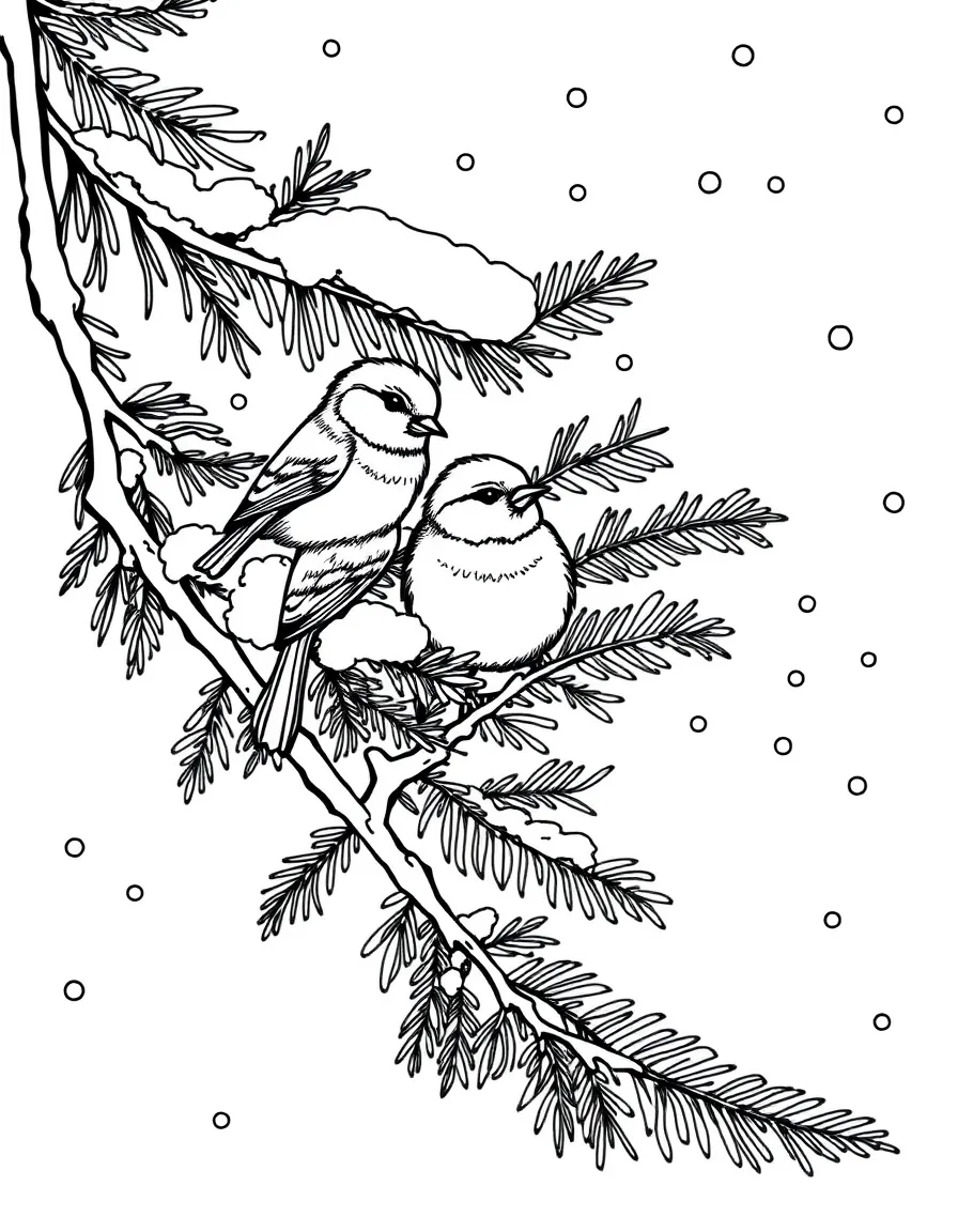 Chickadees sheltering in an evergreen during snowfall