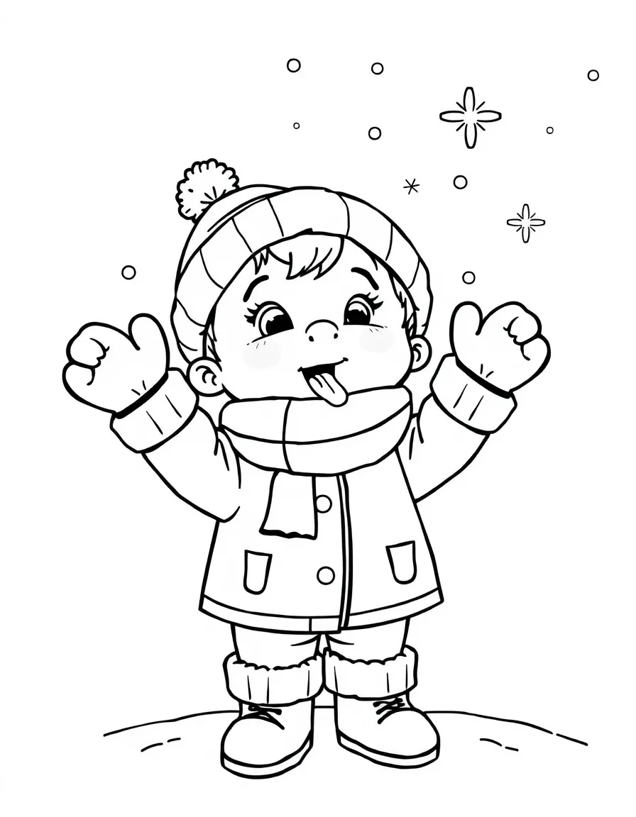 A child catching snowflakes on their tongue and mittens