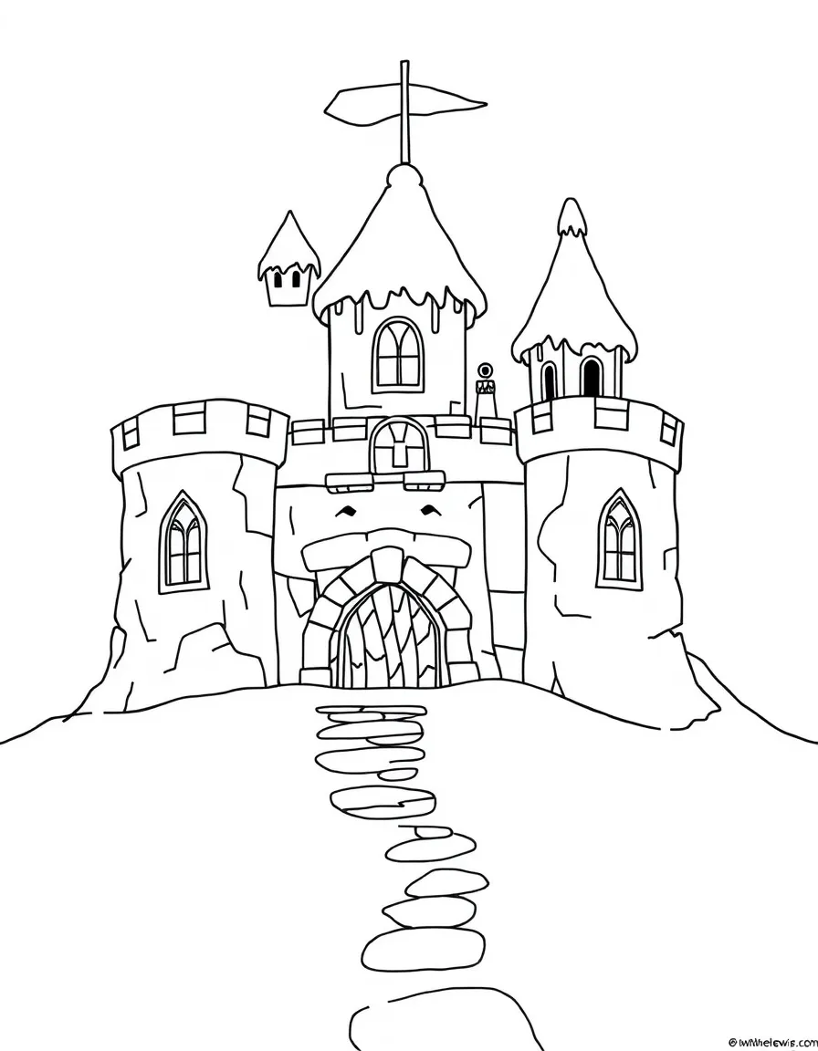 A detailed snow fort with ice block windows and snow turrets