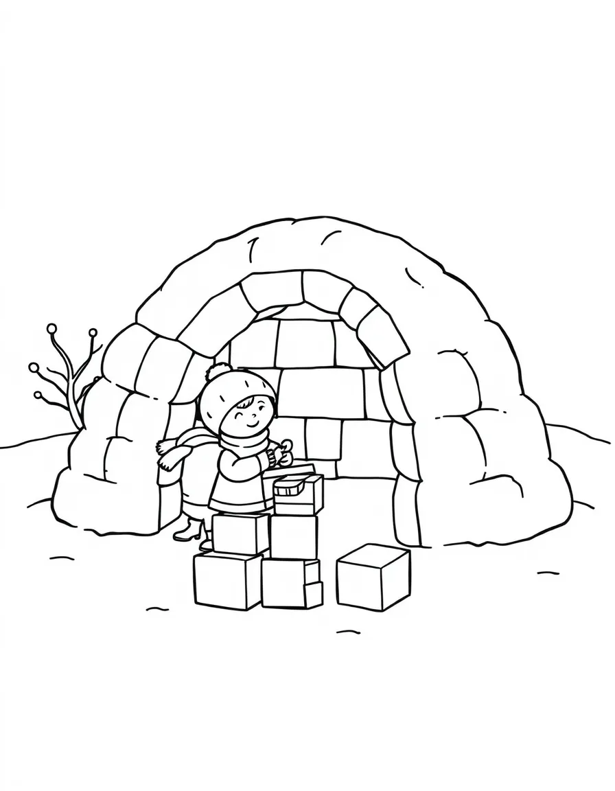 Children building an igloo with packed snow blocks