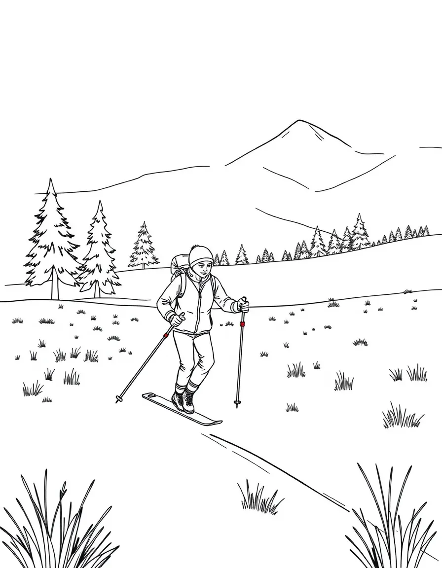 A cross-country skier traversing a snowy meadow